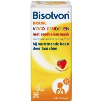 BISOLVON DRANK VOOR KINDEREN MET AARDBEIENSMAAK HOESTDRANK FLES 200 ML