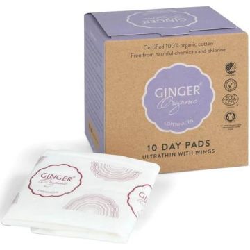 GINGER ORGANIC 10 DAY PADS ULTRATHIN WITH WINGS MAANDVERBAND 10 STUKS