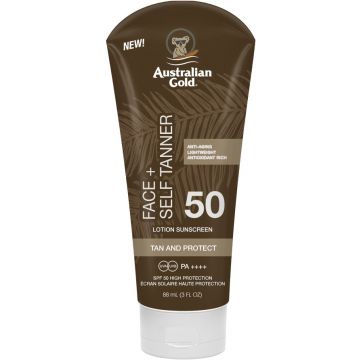 AUSTRALIAN GOLD TAN & PROTECT SPF 50 FACE+ SELF TANNER LOTION ZONNEBRAND TUBE 88 ML