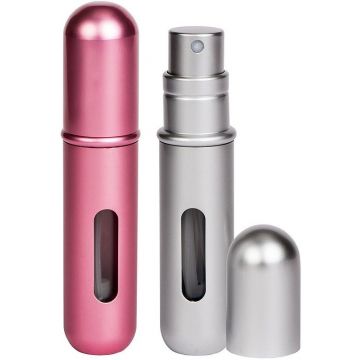 PRESSIT REFILLABLE PERFUME ATOMISER ZILVER & ROZE PARFUMHULZEN 2 STUKS