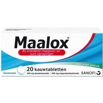 MAALOX BIJ BRANDEND MAAGZUUR EN ZURE OPRISPINGEN KAUWTABLETTEN DOOSJE 20 STUKS