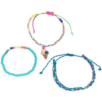 TROLI MEERKLEURIGE KRALEN EN TOUW ARMBAND MET IJSJES BEDEL 3 STUKS