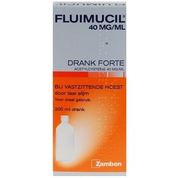ZAMBON FLUIMUCIL 40 MG/ML DRANK FORTE BIJ VASTZITTENDE HOEST FLES 200 ML