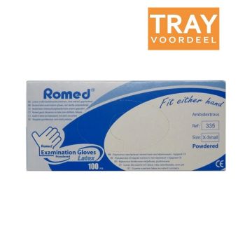 ROMED LATEX ONDERZOEKHANDSCHOENEN NIET STERIEL GEPOEDERD XS TRAY 10 X 100 STUKS