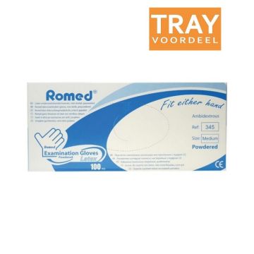 ROMED LATEX ONDERZOEKHANDSCHOENEN NIET STERIEL GEPOEDERD M TRAY 10 X 100 STUKS