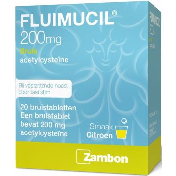 ZAMBON FLUIMUCIL 200 BRUIS BIJ VASTZITTENDE HOEST BRUISTABLETTEN DOOSJE 20 STUKS