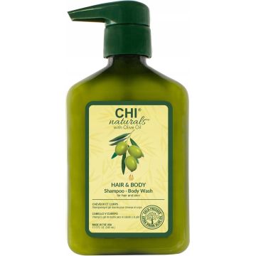CHI NATURALS WITH OLIVE OIL HAIR & BODY SHAMPOO 340 ML (POMP LICHT BESCHADIGD)