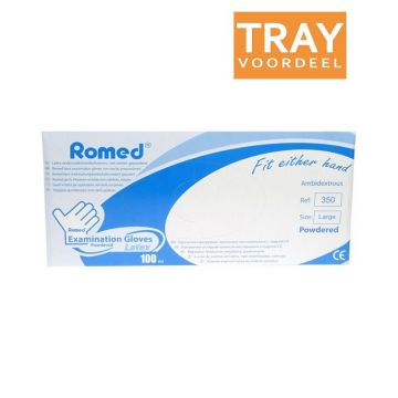 ROMED LATEX ONDERZOEKHANDSCHOENEN NIET STERIEL GEPOEDERD L TRAY 10 X 100 STUKS