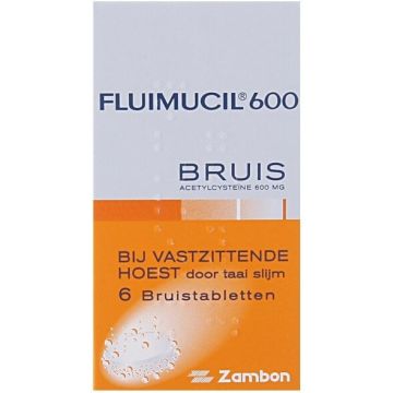 ZAMBON FLUIMUCIL 600 BRUIS BIJ VASTZITTENDE HOEST BRUISTABLETTEN DOOSJE 6 STUKS