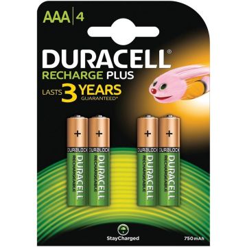 DURACELL RECHARGEABLE (DURACELL) RECHARGEABLE PLUS AAA OPLAADBARE BATTERIJEN PAK 4 STUKS