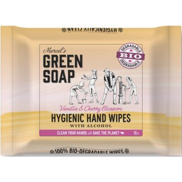 MARCEL'S GREEN SOAP VANILLA & CHERRY BLOSSOM HYGIENIC HAND WIPES HYGIENISCHE HANDDOEKJES PAK 15 STUKS