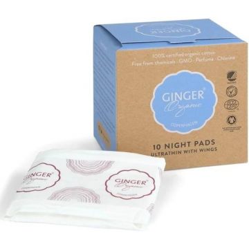 GINGER ORGANIC 10 NIGHT PADS ULTRATHIN WITH WINGS MAANDVERBAND 10 STUKS