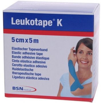 LEUKOTAPE K 5 CM X 5 M HUIDELASTISCHE THERAPEUTISCHE TAPE (BLAUW) DOOSJE 1 STUK