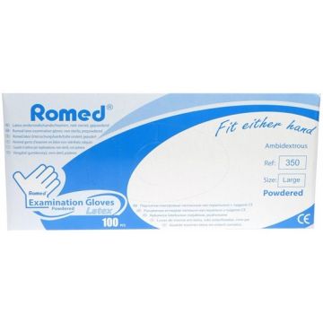 ROMED LATEX ONDERZOEKHANDSCHOENEN NIET STERIEL GEPOEDERD L DOOSJE 100 STUKS