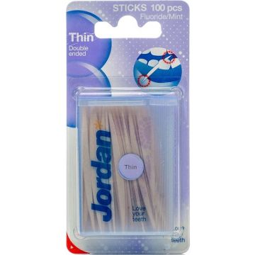 JORDAN DENTAL STICKS THIN FLUORIDE/MINT TANDENSTOKERS PAK 100 STUKS