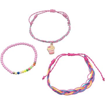 TROLI ROZE KRALEN EN TOUW ARMBAND MET CUPCAKE BEDEL 3 STUKS