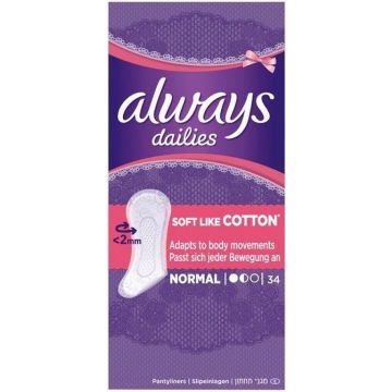 ALWAYS DAILIES (ALWAYS) DAILIES SOFT LIKE COTTON NORMAL INLEGKRUISJES DOOSJE 34 STUKS