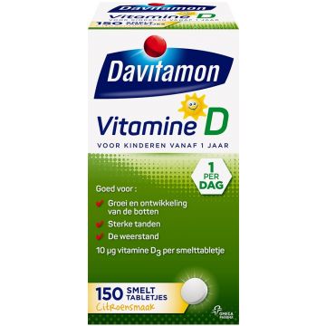 DAVITAMON VITAMINE D VOOR KINDEREN CITROENSMAAK SMELTTABLETJES POT 150 STUKS