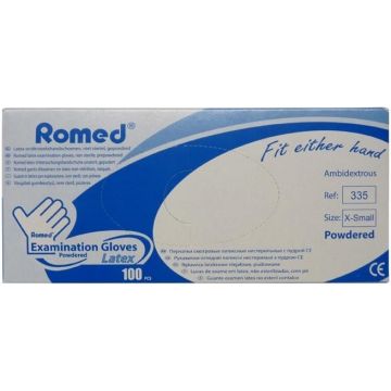 ROMED LATEX ONDERZOEKHANDSCHOENEN NIET STERIEL GEPOEDERD XS DOOSJE 100 STUKS