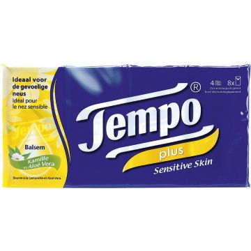 TEMPO ZAKDOEKJES SENSITIVE SKIN ALOE VERA EN KAMILLE PAK 8 X 9 STUKS