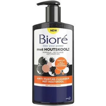 BIORE ANTI-PUISTJES CLEANSER MET HOUTSKOOL GEZICHTSREINIGER POMP 200 ML