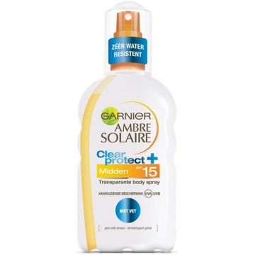 GARNIER AMBRE SOLAIRE CLEAR PROTECT (GARNIER) CLEAR PROTECT+ MIDDEN SPF 15 ZONNEBRAND SPRAY 200 ML