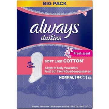 ALWAYS DAILIES (ALWAYS) DAILIES SOFT LIKE COTTON NORMAL INLEGKRUISJES DOOSJE 58 STUKS