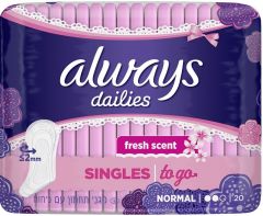 ALWAYS DAILIES FRESH SCENT SINGELS TO GO NORMAL MAANDVERBAND PAK 20 STUKS