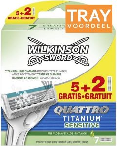 WILKINSON SWORD QUATTRO TITANIUM SENSITIVE SCHEERMESJES TRAY 10 X 7 STUKS
